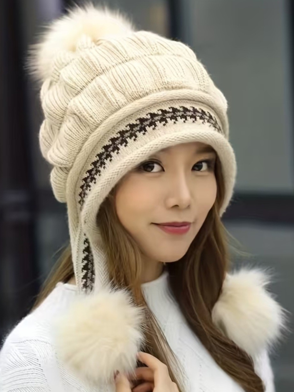 Cozy Cream Knit Pom-Pom Earflap Hat - Women
